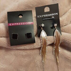 EXPRESSION Black Enamel Square Studs and Gold Dangle Front-Back Crystal Earrings